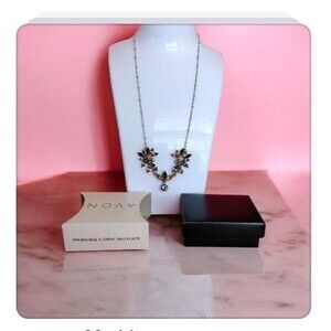 Avon Sparkling Floral Necklace Statement Jewelry Silver Tone Crystal Boxed Gift